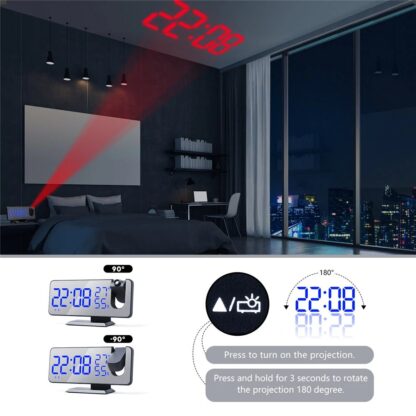 LED Mirror Alarm Clock Big Screen Temperature and Humidity Display with Radio and Time Projection Function Electronic Clock Rechargeable - black/blue - Image 5