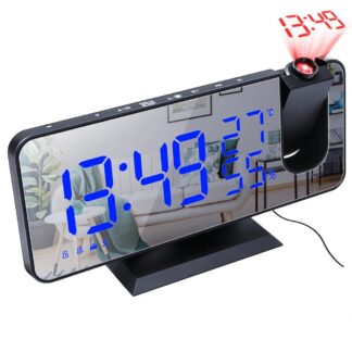 LED Mirror Alarm Clock Big Screen Temperature and Humidity Display with Radio and Time Projection Function Electronic Clock Rechargeable - black/blue