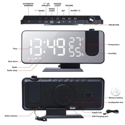 LED Mirror Alarm Clock Big Screen Temperature and Humidity Display with Radio and Time Projection Function Electronic Clock Rechargeable - black/blue - Image 2