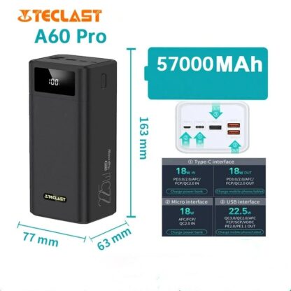 Teclast A60 Pro 22.5W 57000mAh Power Bank PD QC3.0 SCP FCP AFC Fast Charging 2 Input & 4 Output LED Display External Power Supply for iPhone 12 Pro Max for Samsung Galaxy Note S20 Ultra Huawei Mate 40 OnePlus 8 Pro - Black - Image 3