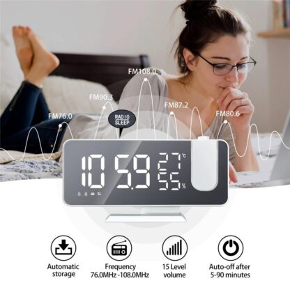 LED Mirror Alarm Clock Big Screen Temperature and Humidity Display with Radio and Time Projection Function Electronic Clock Rechargeable - black/blue - Image 3