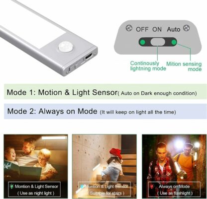 Motion Sensor Cabinet Light Rechargeable Night Light for Closets Cabinets Kitchens Cupboards - Silver 20cm White Light - Image 4