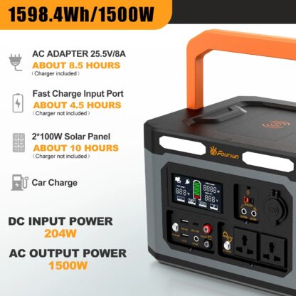 Foursun 1500W（3000W Peak） Portable Power Station 1598.4Wh with 2 AC Outlets Wireless Charge 65W PD Solar Generator for Home Backup Emergency Outdoor Camping - US Plug - Image 3