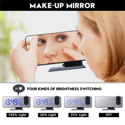 LED Mirror Alarm Clock Big Screen Temperature and Humidity Display with Radio and Time Projection Function Electronic Clock Rechargeable - black/blue - Image 4