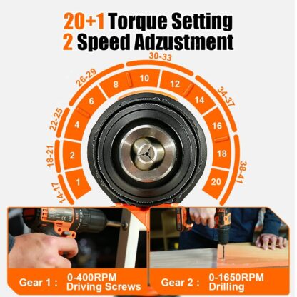 TOPSHAK TS-ED4 20V 13mm Brushless Electric Drill 45N.m Torque 0-1650RPM Variable Speed W/1pc Battery EU/US Plug and 43pcs Accessories - US Plug - Image 5