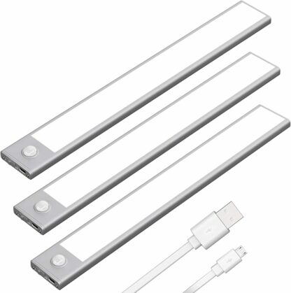 Motion Sensor Cabinet Light Rechargeable Night Light for Closets Cabinets Kitchens Cupboards - Silver 20cm White Light