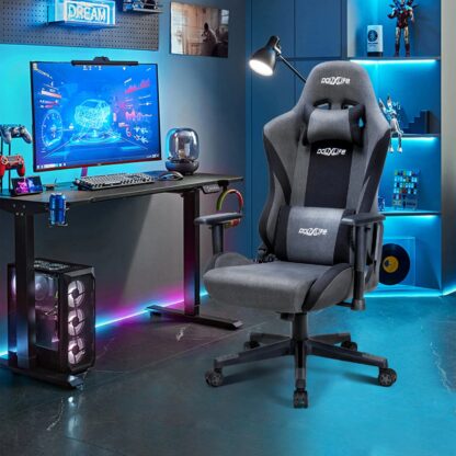 Douxlife® GC-RC04 Linen Gaming Chair Ergonomic High Back Design Fabric Computer Chair Reclining with Premium Breathable Cloth Cushion and Headrest + Lumbar Support 2022 - Image 3